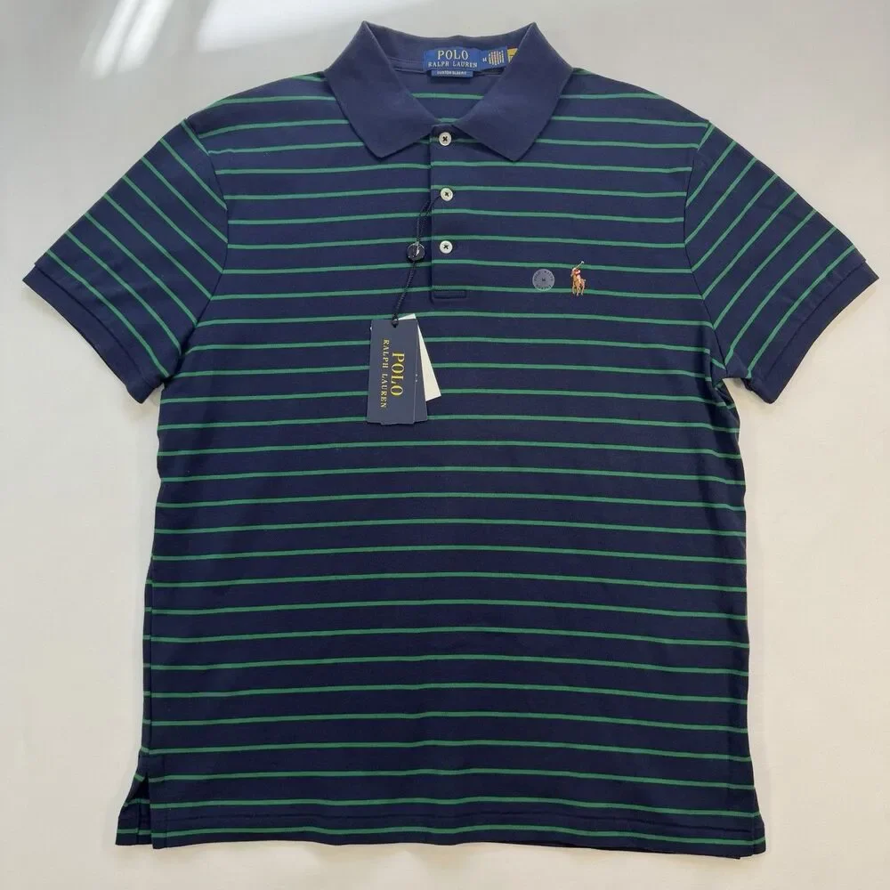 Polo Ralph Lauren Navy Green Striped Polo MEDIUM Custom Slim Fit Cotton Preppy